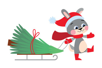 Merry Christmas and Happy New Year 2023. Bunny holidays cartoon character.The year of rabbit. Vector illustration.