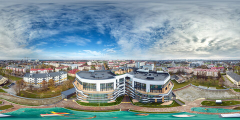 aerial full seamless spherical 360 hdri panorama view in city overlooking of residential area of...
