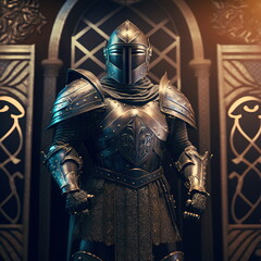 armored gothic fantasy knight in a dramatic pose, wearing an iron helmet in a dramatic location with studio lights 3D illustration - obrazy, fototapety, plakaty