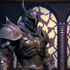 armored gothic fantasy knight in a dramatic pose, wearing an iron helmet in a dramatic location with studio lights 3D illustration