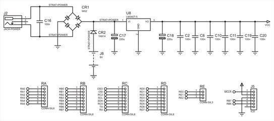 Vector electrical schematic diagram of an digital
electronic device with lcd display, operating under the control of a pic microcontroller.
Evaluation board. Sheet 3 of 3.