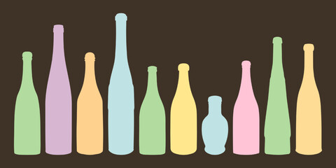 Vector set of colored shape of silhouette of bottle for alcohol, beer, kvass, waters. Outline of a container for storing liquid
