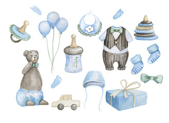 Items for babies. Watercolor blank for creating metrics, posters, etc. The birth of a boy. Isolated objects on a white background.