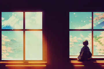 Girl looking out the window in nature in autumn