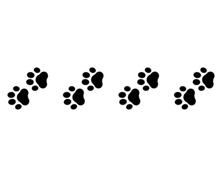 Paw for pets, dog or cat. Footprints paws. Cute animal footprint. Pattern foot pet for design prints. Black border shape steps on isolated white background. Traces foots. Vector illustration