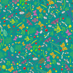 Naklejka premium Seamless botanical background with flowers and butterflies. Vector illustration