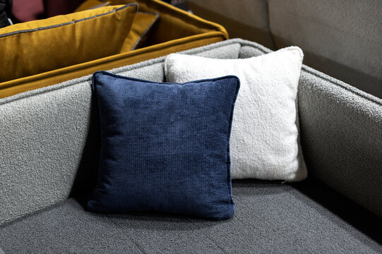 Blue And White Pillows On Gray Couch, Home Decor