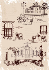 Series of backgrounds decorated with flowers, old town views and street cafes. Café window.   Hand drawn vector architectural background with historic buildings in lines.