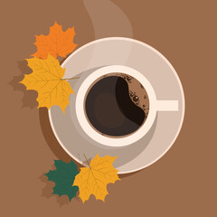 Cup of hot tasty coffee with autumn leaves. Great element for your foot design. Coffee break concept. Season drink. 
