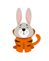 Chinese New Year 2023 and Merry Christmas transform. Cute cartoon rabbit in a tiger striped costume, tiger turns into a bunny. Printing for kid's T-shirt, greeting card, poster. Vector illustration
