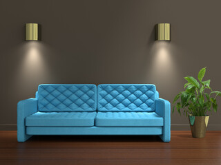 3d illustration of blue sofa in living room with plant