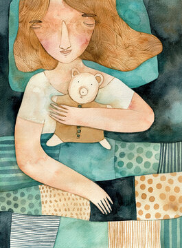 A girl sleeping and holding a teddy-bear