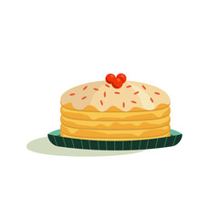 Cake on plate hand drawn simple flat vector icon. Festive event party celebration sweet pastry present cartoon. Homemade fancy cake flat design element illustration. Restaurant, bakery shop decoration