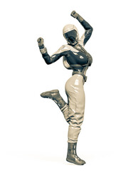 cosmonaut girl is dancing in pin up pose on white background