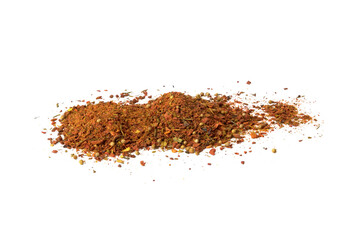 a handful of dried crushed spice mixture on a white background