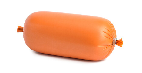 a stick of boiled sausage in a plastic shell of orange color on a white background close-up