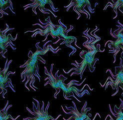 Abstract seamless pattern, wriggling blue fantastic flowers on a black background, unusual unique original texture, ornamental walpaper for decor, art, textile, print