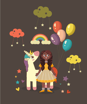 Dark-haired girl with unicorn, rainbow and stars in rainbow shades. Children's poster, greeting card, sticker. Vector illustration.