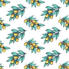 Seamless pattern for decorative print. Hand drawn olive branches.