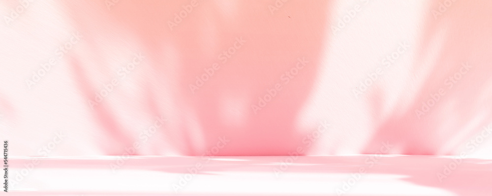 Poster Abstract pink studio background for product presentation. Empty room with shadows of window and flowers and palm leaves . 3d room with copy space. Summer concert. Blurred backdrop. Banner