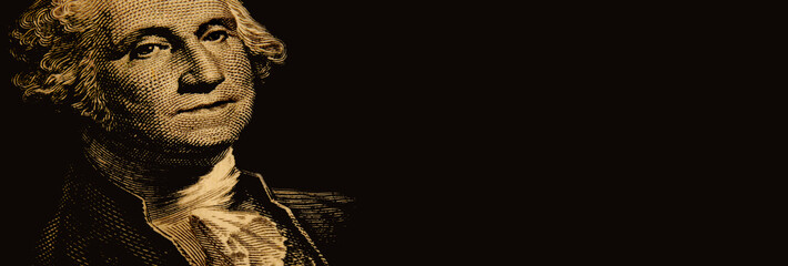 George Washington portrait from one dollar bill on black background.