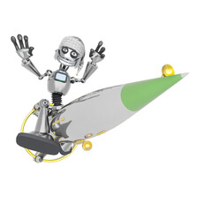 robot santa claus is seated on the rocket