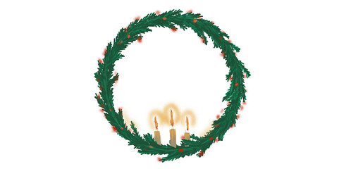Coronas de  navidad de ramas de pino con decorado de luces rojas y velas PNG - obrazy, fototapety, plakaty