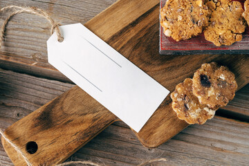 Gingerbread Cookie. Rustic style Christmas table decoration with wooden planks. Copy space