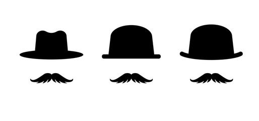 Hat and hipster moustache Intermediary or unrecognizable person. Cartoon mafia, detective or spy with old classic hat. Man face, barber and moustache, mustache or beard. gentlema icon or logo
