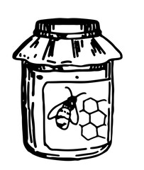 Jar of honey sketch. Doodle of sweet homemade winter season food. Hand drawn vector illustration. Single clip art isolated on white.