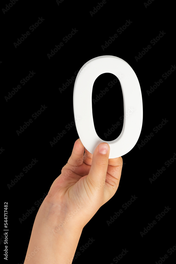 Aufkleber zero in hand. the number zero is clasped in a hand isolated on a black background. number zero white