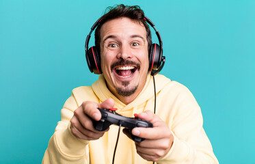 adult man gamer with headset and a control concept