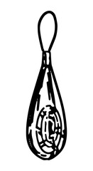 Doodle of glass bauble on ribbon. Outline drawing of Christmas tree decoration. Hand drawn vector illustration. Single clipart isolated on white.