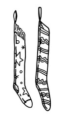 Doodle of long Christmas socks. Outline drawing of ornamental stocking for gifts. Hand drawn vector illustration. Simple clip arts isolated on white.