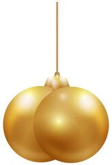 2 gold christmas bells and strings on transparent background