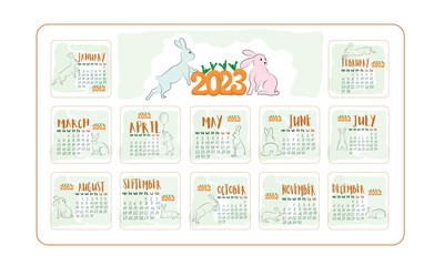 Obraz premium horizontal calendar for the year 2023 with rabbits, colorful cartoon calendar for the 2023 year with hares, trendy stylish set of 12 months for the year 2023, carrot numbers