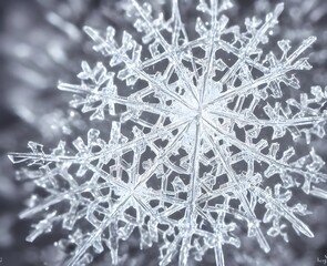 A single, beautiful snowflake sits atop a soft bed of white cotton. Its six sides are perfectly symmetrical, each one reflecting the light in a different way. The center of the flake is slightly darke