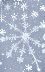 A single snowflake crystal is pictured close up. It is a hexagonal shape with six sides, and each side has intricate patterns of bumps and ridges. The surface of the snowflake appears to be matte in f