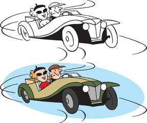 A vintage retro cartoon of a couple driving in an antique roadster automobile. 