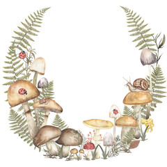 Watercolor fungi  and real fern leaves composition, fungus and autumn berries and insects illustration. Hand drawn watercolor forest mushroom wreath
