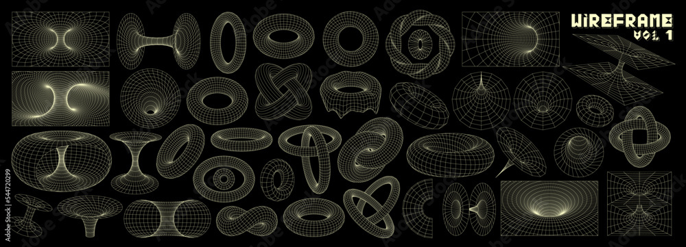 Wall mural wireframe 3d shapes. tunnel grid, abstract torus surface mesh and geometric vortex vector set