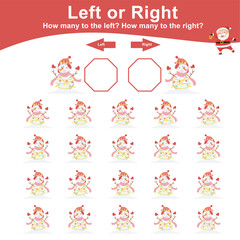 Educational worksheet for preschool kids. Left and right. Count how many the happy snowman with pink shawl to the right and to the left. Math printable worksheet. Vector illustration file.