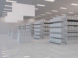 Shop Interior With Shelves Gondola end and Banner. 3D rendering illustration © Adil Bouimama