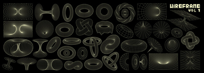 Wireframe 3D shapes. Tunnel grid, abstract torus surface mesh and geometric vortex vector set