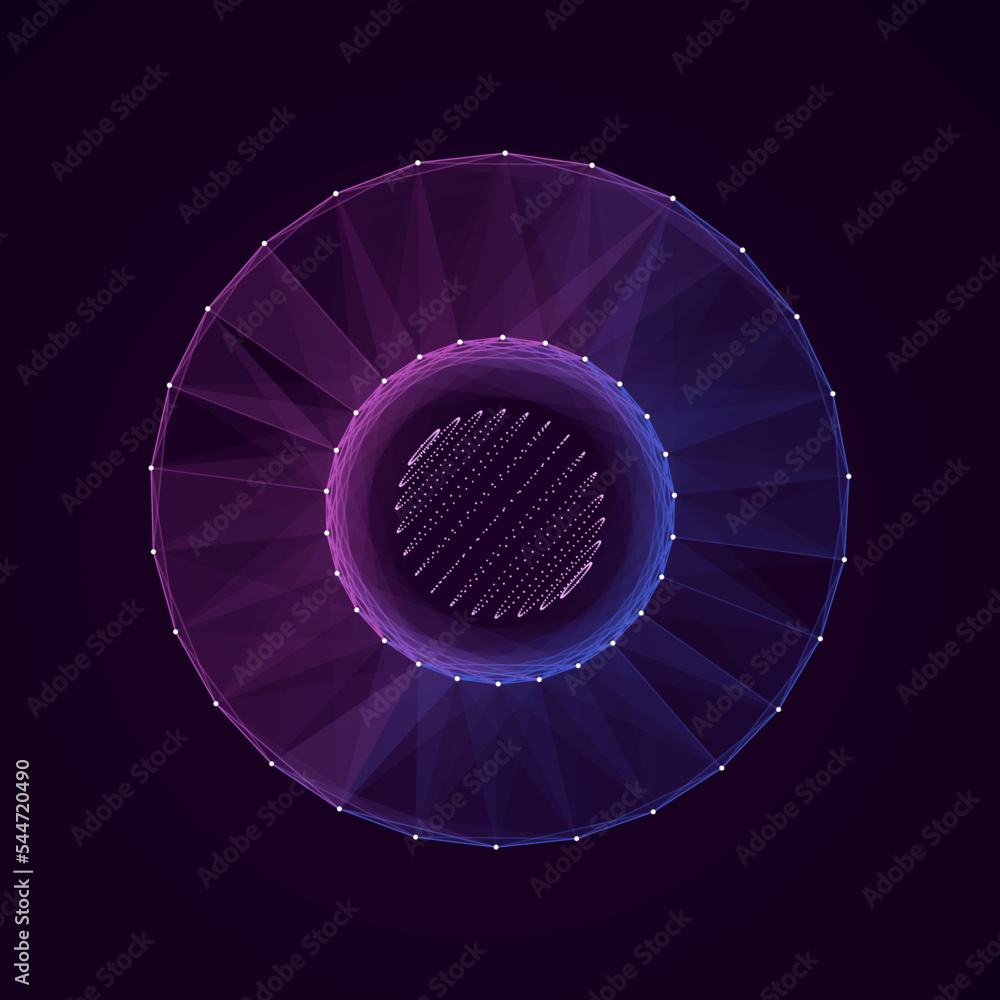 Poster technology grid sphere. blue sphere consisting of points and lines. modern wireframe elements. vecto