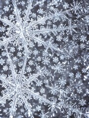 There is a beautiful snowflake resting on top of a black background. The snowflake has intricate...