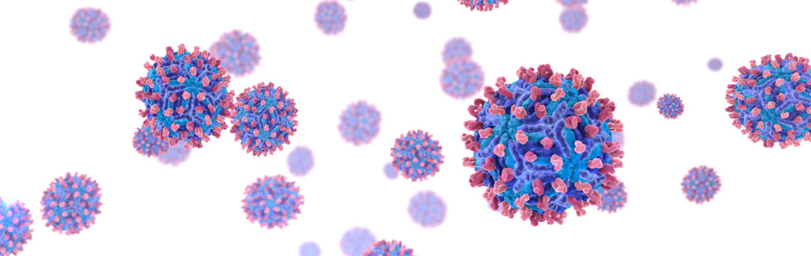 West Nile virus particles, (WNV) a member of the family Flaviviridae. The west nile virus can cause encephalitis in humans. It is transmitted by mosquitoes. 3d illustration in red.