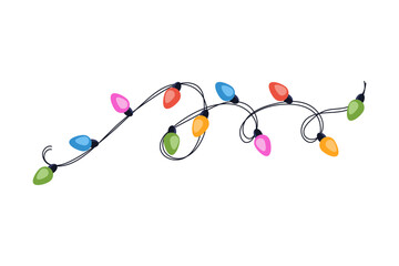 Festive multicolored garland on cable in flat style. Decoration, holiday concept. Graphic element.