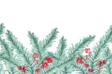 Watercolor winter seamless banner. Hand drawn conifer and red berries of holly. Hand drawn illustration. Isolated on transparent.