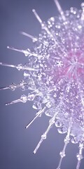 A delicate snowflake crystal is magnified many times over, revealing its intricate and beautiful hexagonal structure. Every edge of the six-sided figure is lined with tiny spikes. The entire surface o - obrazy, fototapety, plakaty